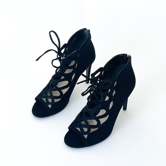 Marc Fisher Black Suede Urbana heels with Lace up Cut outs - Picture 2 of 3